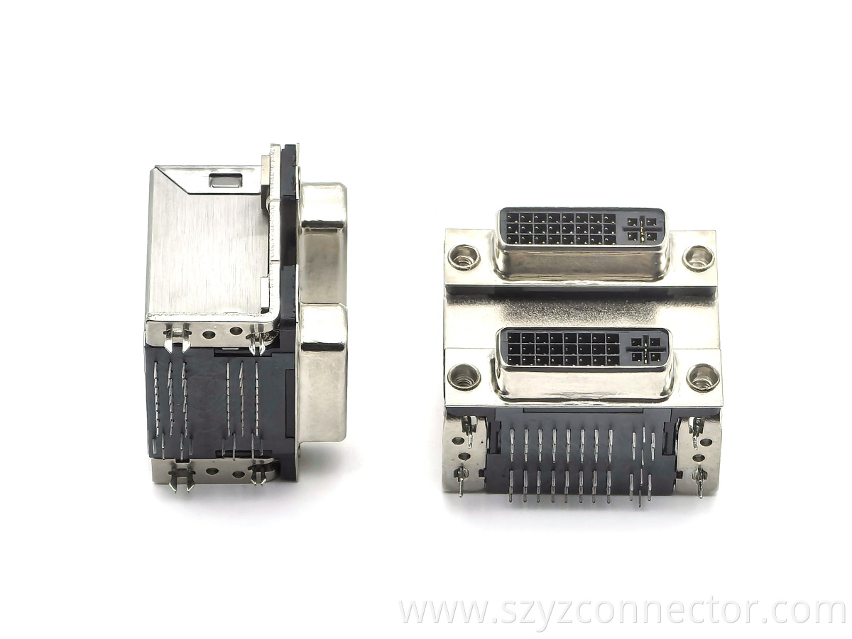 DVI Dualport Connector: DVI-24+5 Female Receptacle Right-Angle DIP Panel-Mount Black Plastic DVI Dualport Connector: DVI-24+5 Female Receptacle Right-Angle DIP Panel-Mount Black Plastic